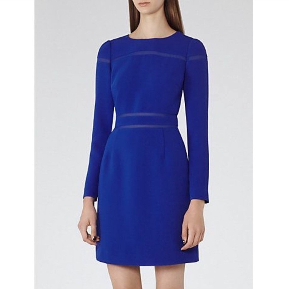 Reiss Gigi Royal Blue Long Sleeve Mesh Trim Sheath Dress USA 4 UK 8
